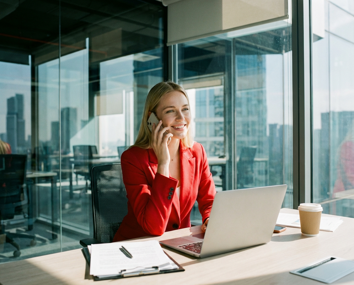 Kobieta w czerwonej marynarce trzyma telefon i dzwoni gdzieś, sieci w biurze przed laptopem
